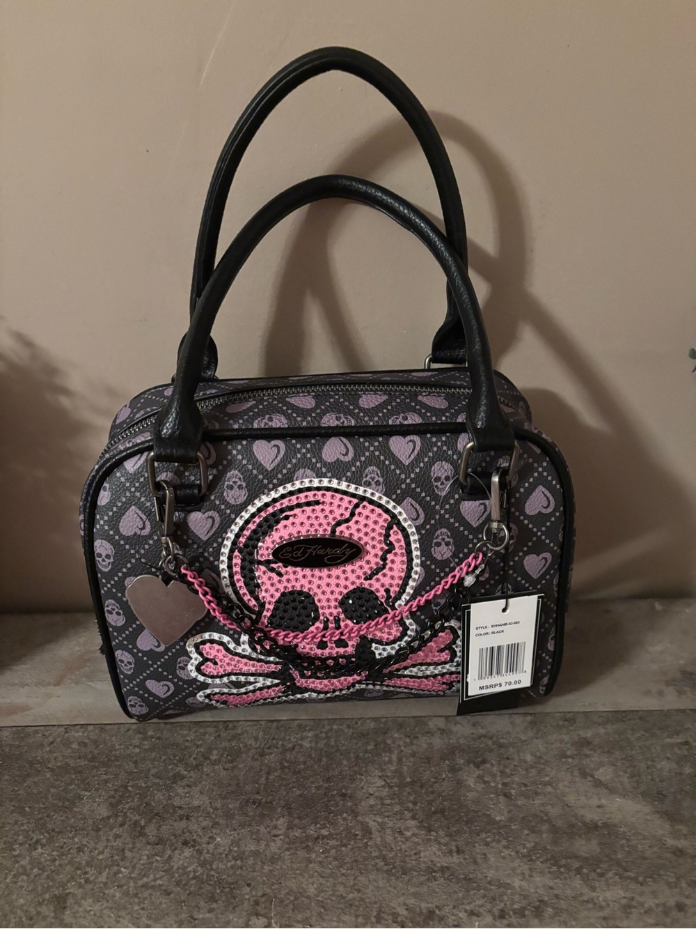 Ed Hardy Pink & Black Skull Dome Mini Satchel with crossbody strap NWT